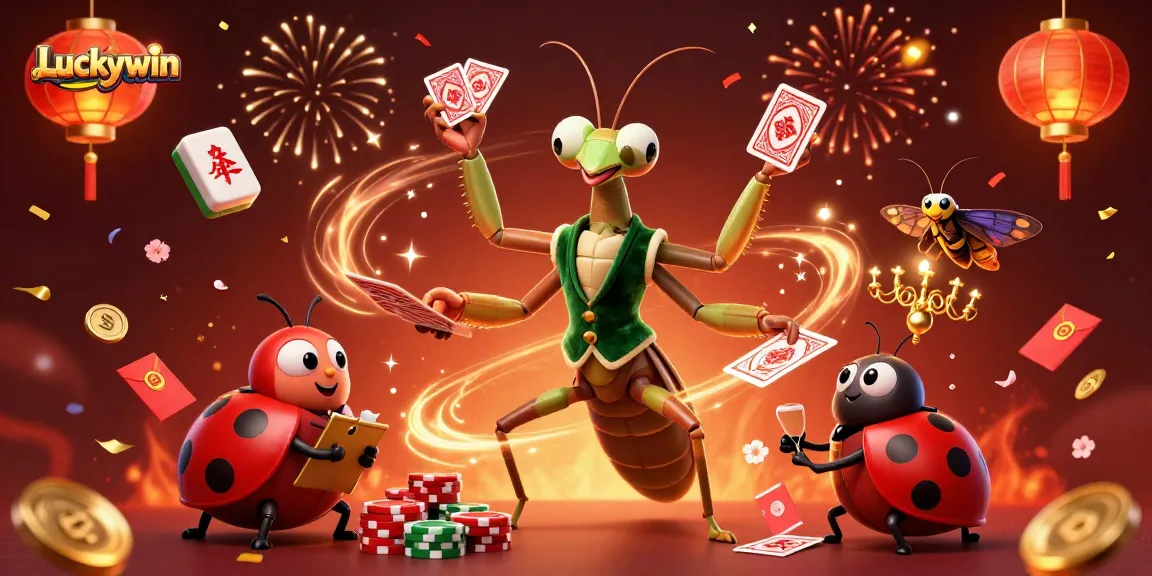 Luckywin features a dynamic gambling scene with a giant praying mantis dealing cards and a ladybug overseeing gaming.