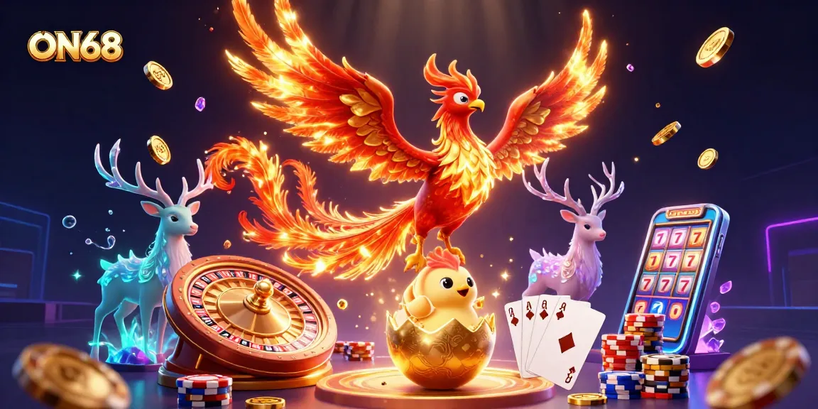 Experience thrills with ON68 featuring soaring phoenixes and vibrant casino elements, igniting excitement in gaming.