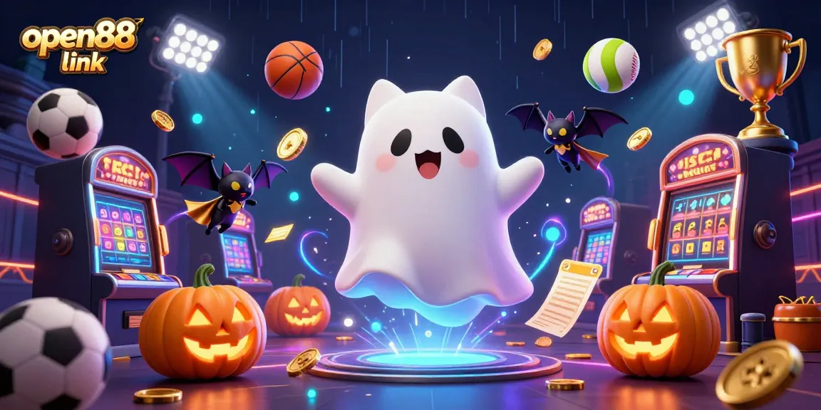 Experience thrilling gameplay at open88 link, featuring a vibrant ghost cat and exciting casino elements.