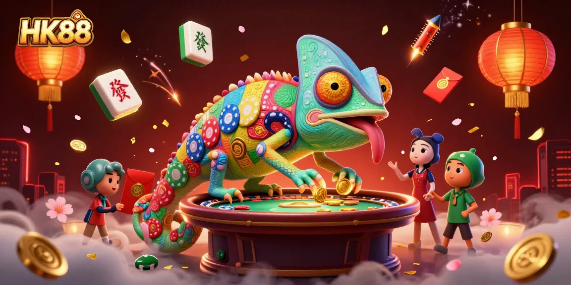 Engage with HK88's vibrant casino world, where a chameleon owner and dynamic game symbols create excitement.