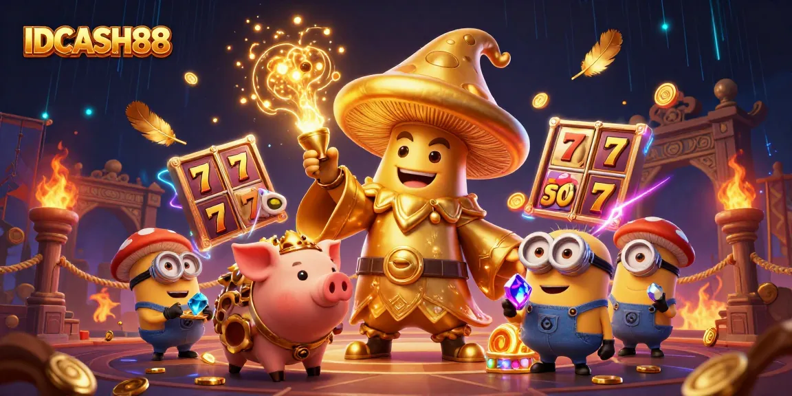 Experience thrilling slots at IDCASH88 with golden treasures and mystical characters in an imaginative casino scene.