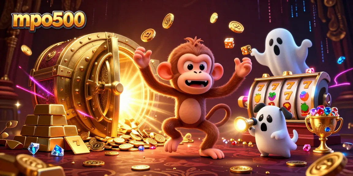 MPO500 slot game scene with a ghostly puppy tracking a mischievous monkey juggler amidst golden treasures.