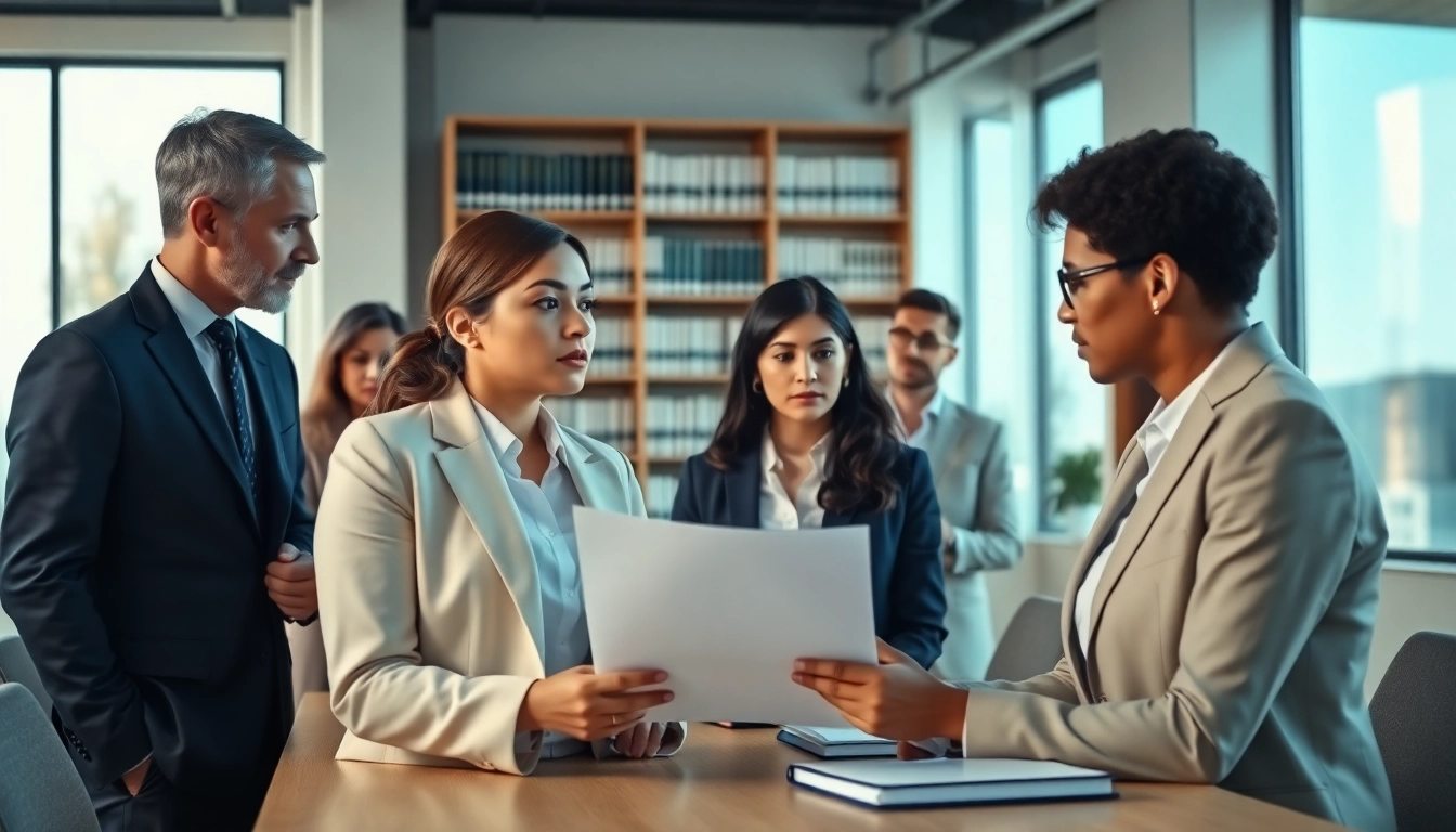 Engaged lawyers near me discussing legal matters in a professional office setting.