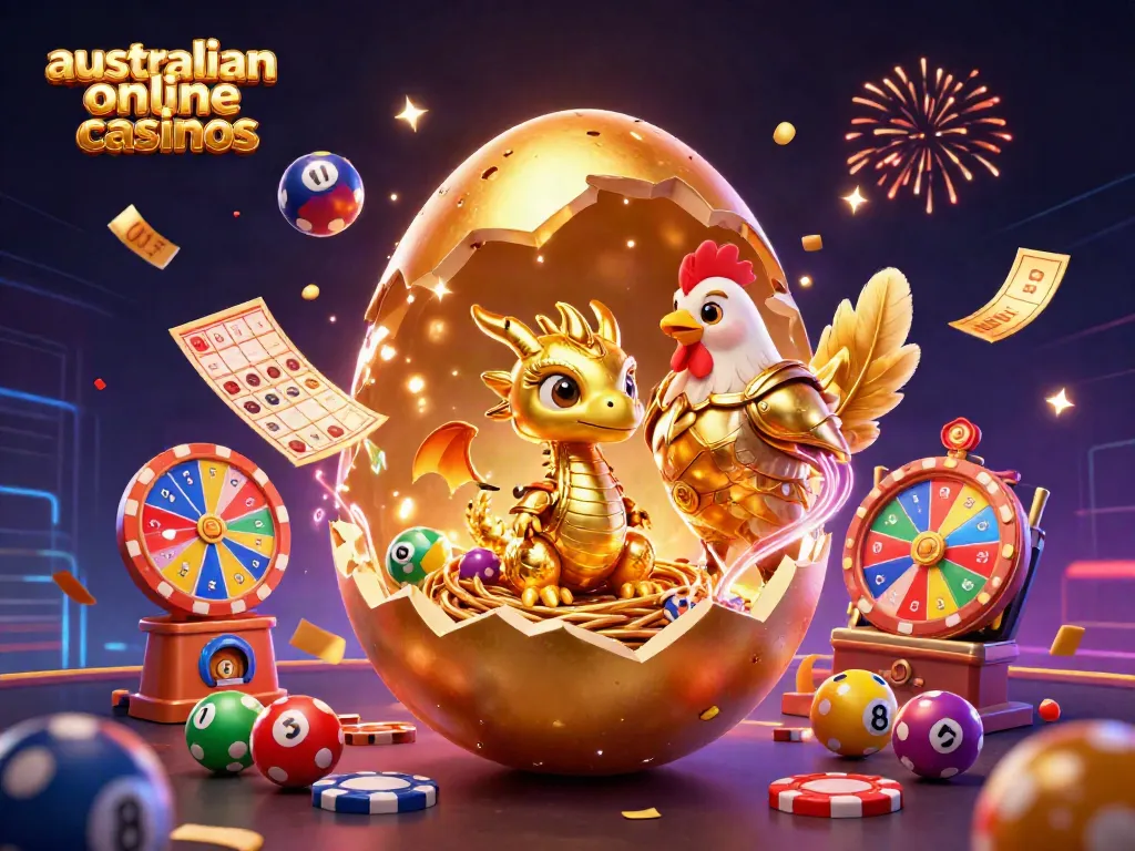 Experience the excitement of australian online casinos with a golden dragon and poker chips in a vibrant casino scene.
