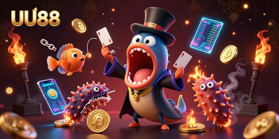 Experience the excitement of UU88 as a 3D cartoon eel performs magical card tricks amidst cryptocurrency elements.