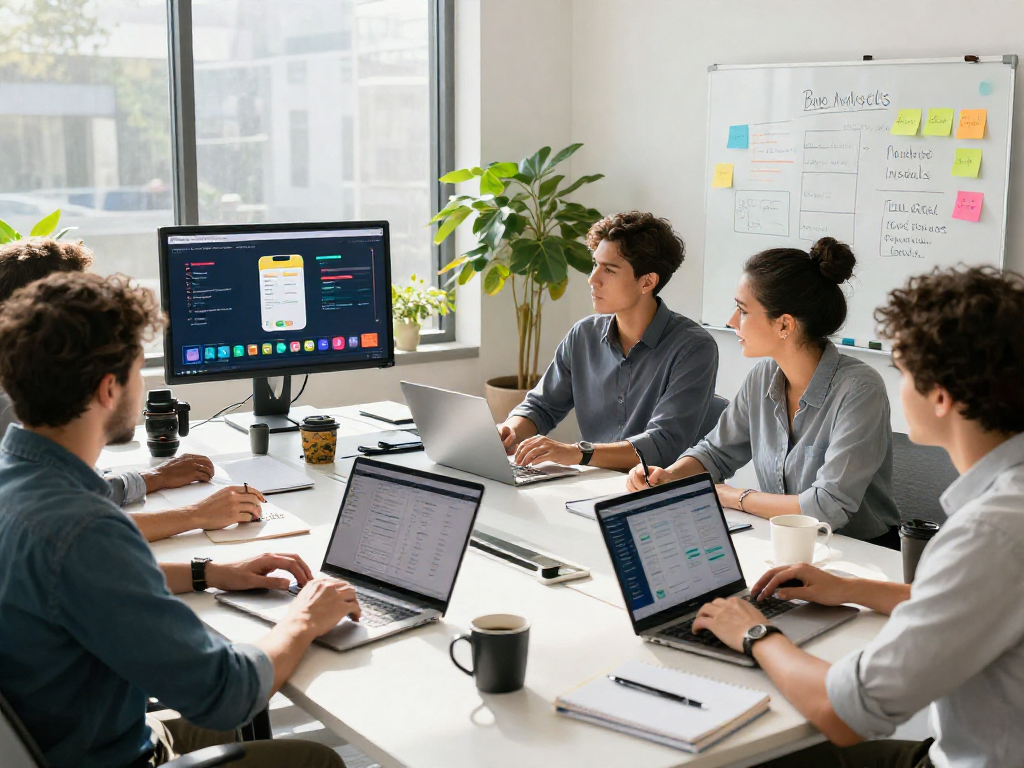 Team brainstorming strategies to buy app installs in a modern office workspace.