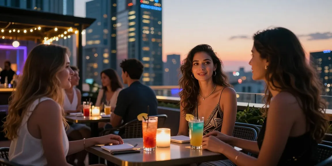 Gái gọi đang hòa mình vào không khí sôi động của buổi tối tại quán bar rooftop.