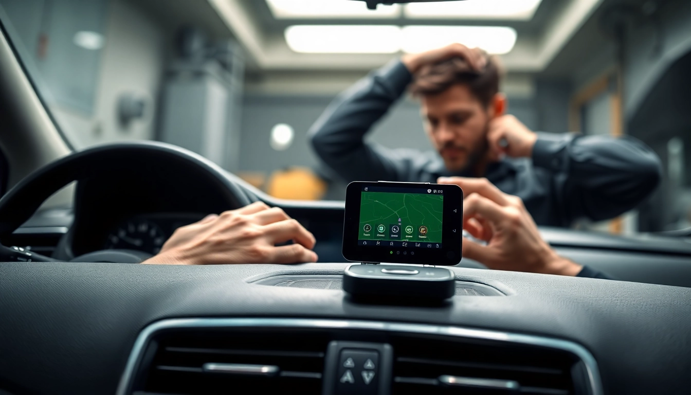 Illustration of Insurance approved trackers installation showcasing a GPS device in a car dashboard.
