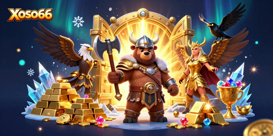 XOSO66 showcases a thrilling 3D scene with a Viking bear and Valkyrie eagle, embodying excitement in online gambling.