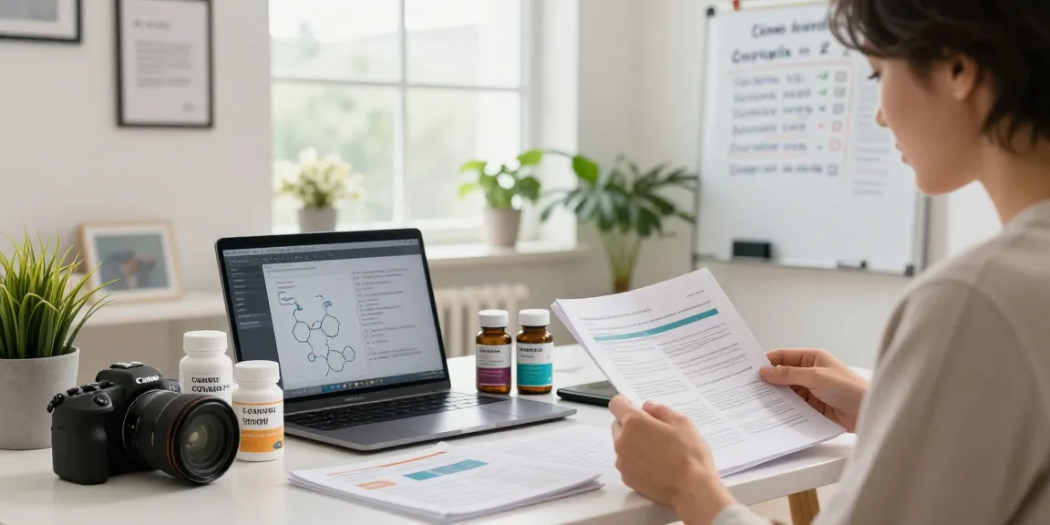 Buy peptides Canada: Researcher reviewing peptide catalogs and studies in a stylish home office.