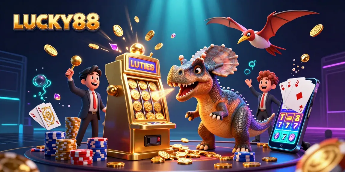 LUCKY88 features a dinosaur winning jackpot coins in a vibrant casino scene with spinning roulette and colorful chips.