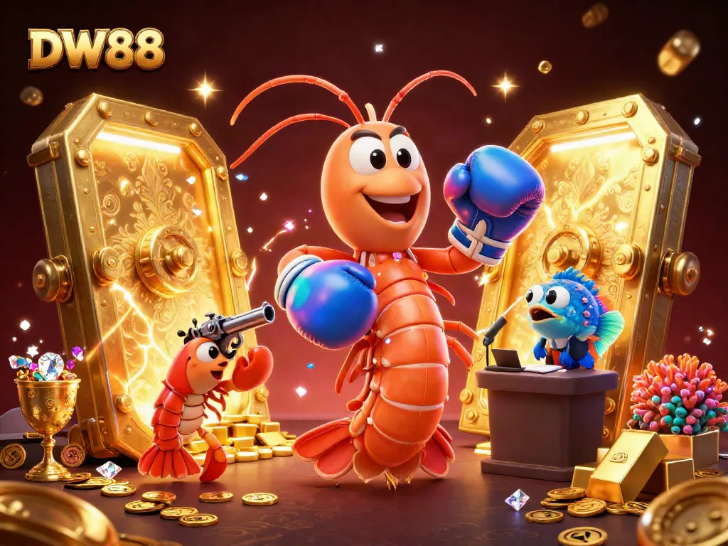 Experience excitement with DW88 casino games illustrated by a mantis shrimp and pistol shrimp cheering, amid sparkling gems.