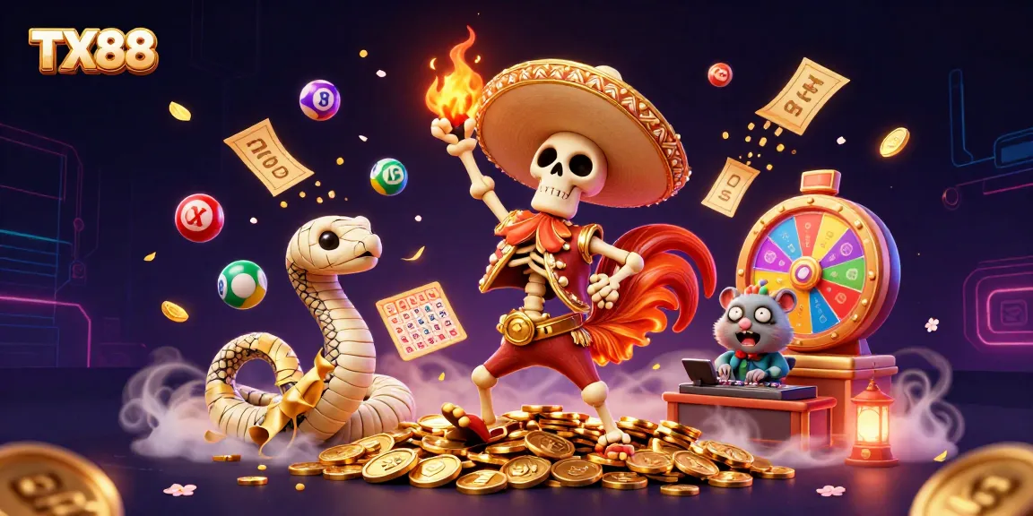 TX88 captures the excitement of gaming with animated characters winning big amidst colorful lottery elements.