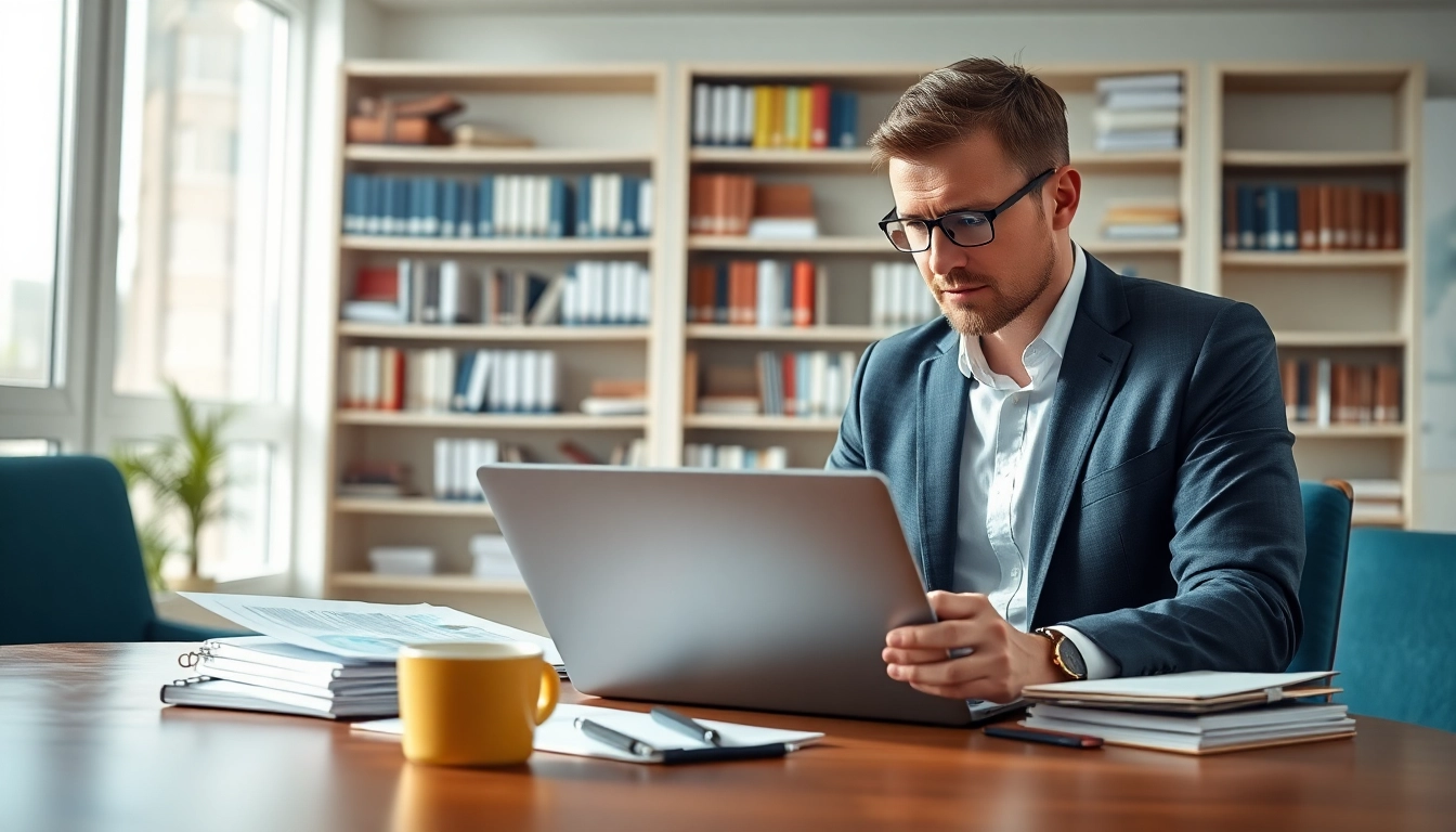 Consultant examining Federal and State contracts, grants in a bright office setting.