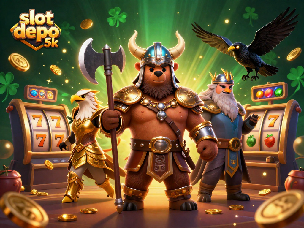 Experience the thrill of slot depo 5k in a vibrant 3D casino scene with lucky symbols and characters.