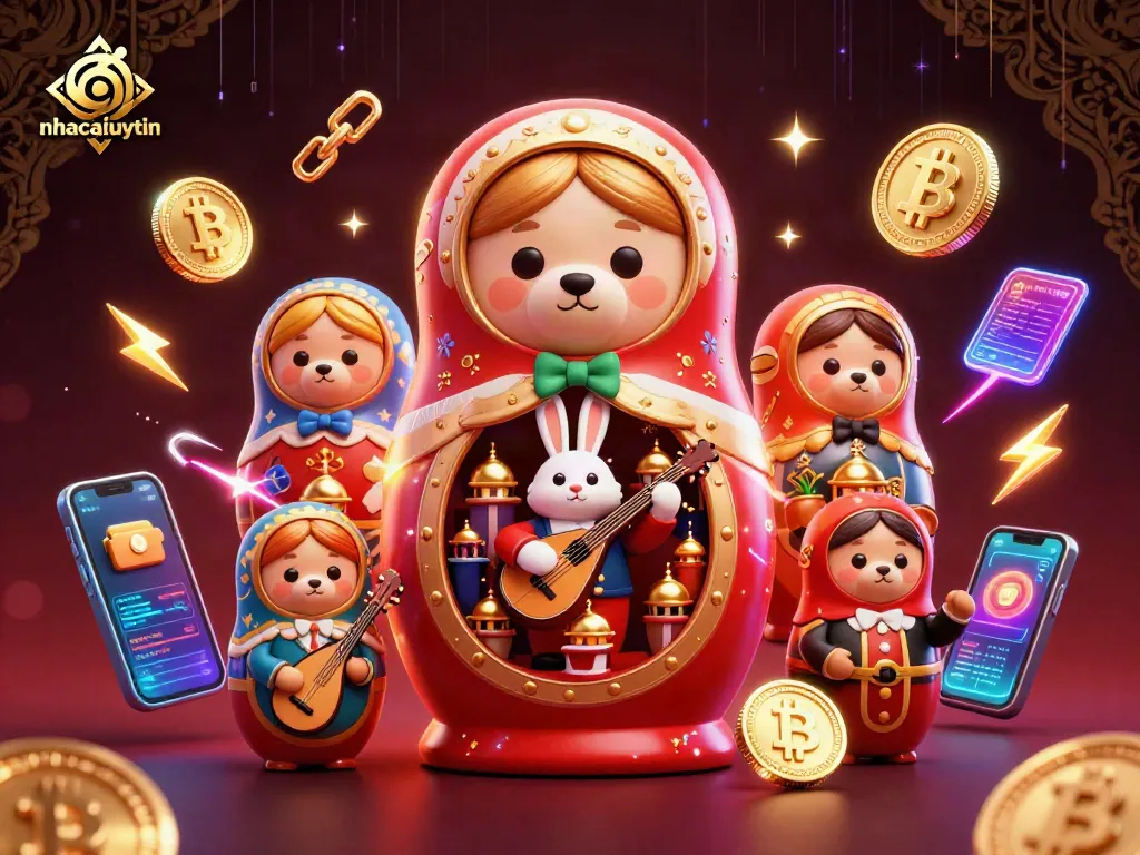 Engage in thrilling casino action with nhacaiuytin, illustrated in a vibrant 3D scene of Matryoshka bears.