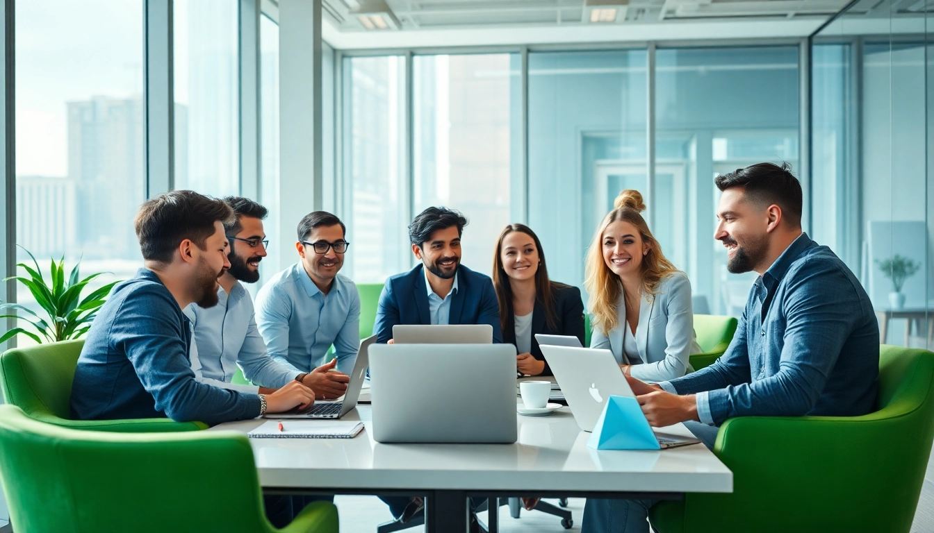 Engaged team discussing STRYQ strategies in a vibrant office environment.