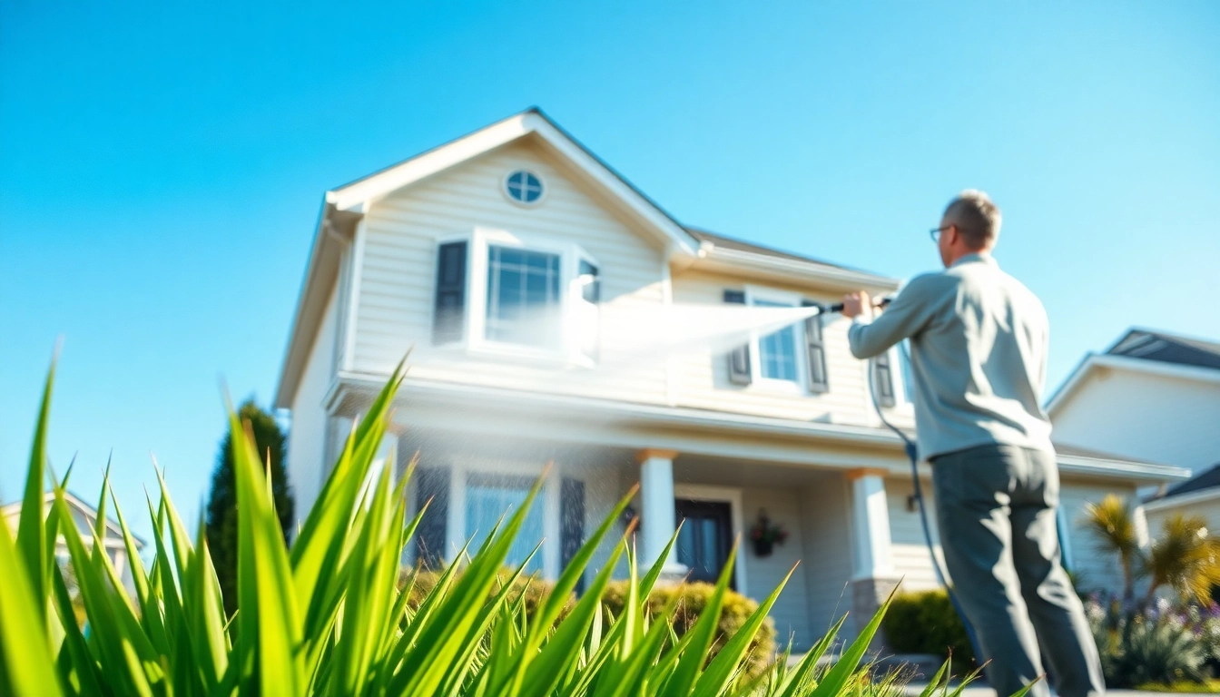 House Washing service showcasing a cleaner using a pressure washer on a vibrant home exterior.