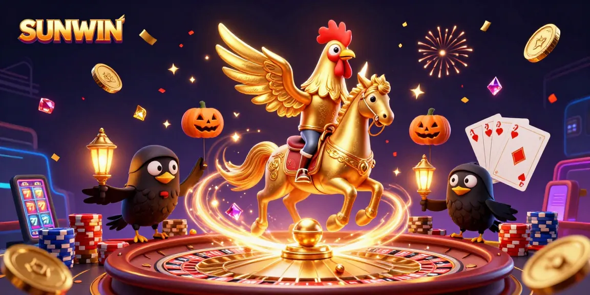 SUNWIN's vibrant casino scene featuring a golden rooster and flourishing lucky symbols in action.