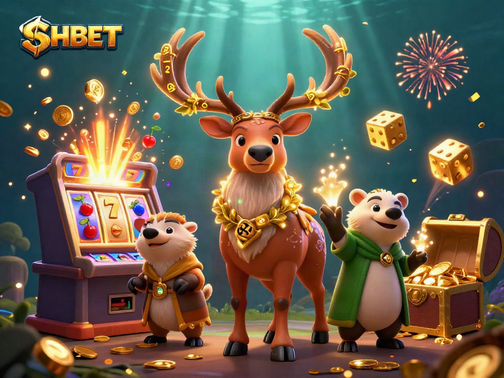 SHBET casino scene with a druid stag, badger, slot machines, and gold coins cascading.