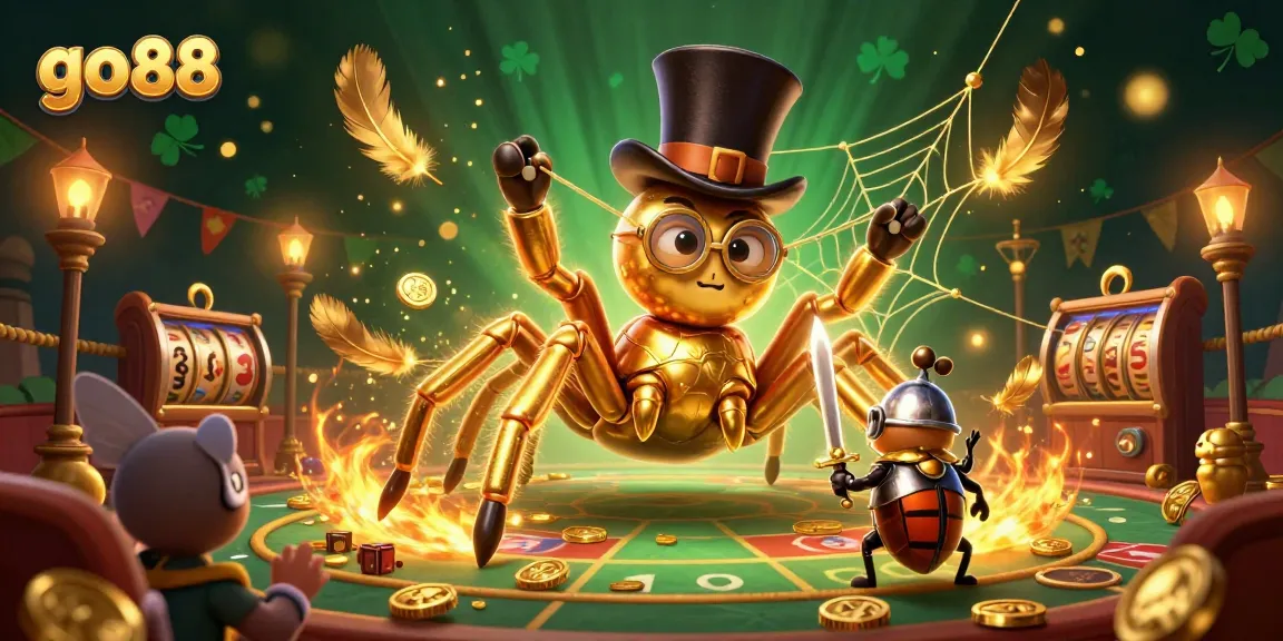 Go 88 casino action with a golden tarantula and beetle knight in a captivating gambling scene.