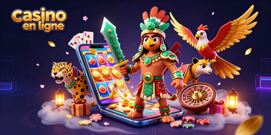 Aperçu d'un casino en ligne avec un guerrier aztèque et des éléments de jeu dynamique.