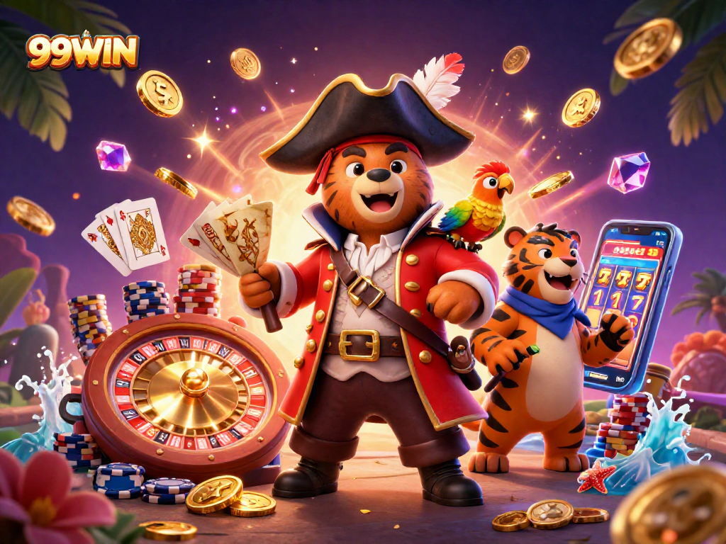 99WIN players enjoy thrilling gaming with a pirate captain, tiger first mate, and treasure-laden scene.