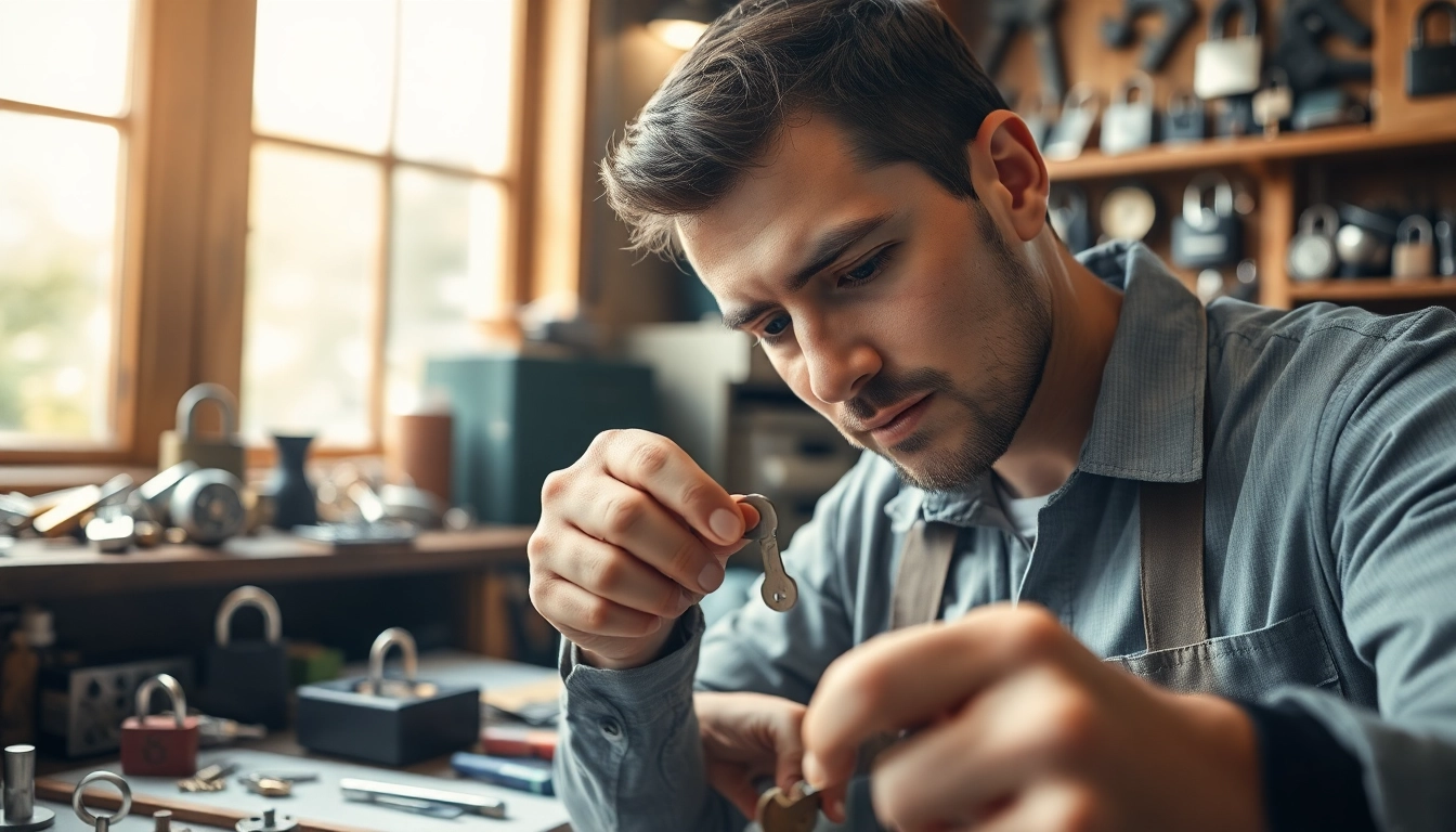 Durham locksmith expertly examining a key in a well-equipped workshop.