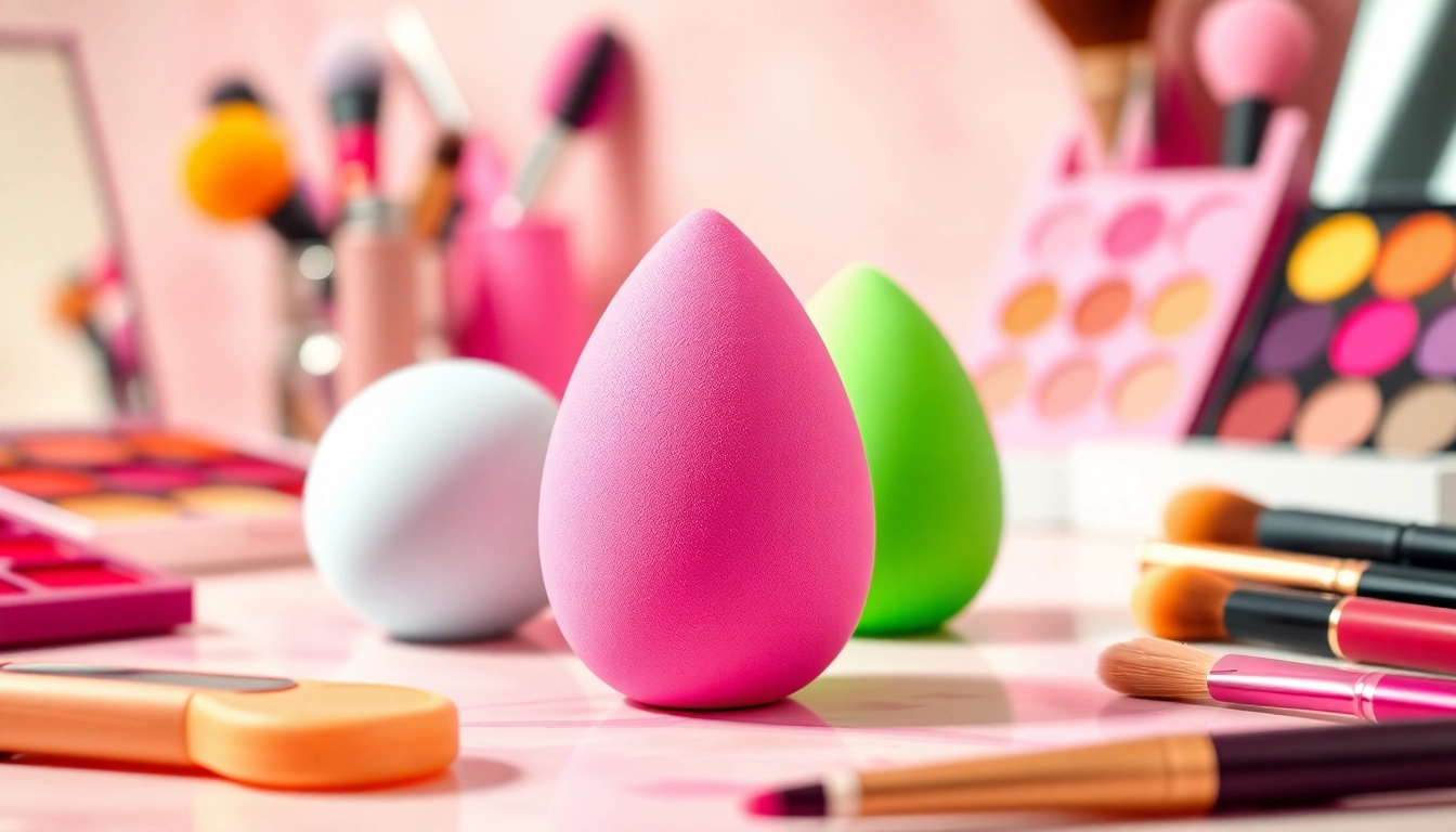 Using the silicone beauty blender for flawless makeup application on a vibrant vanity.
