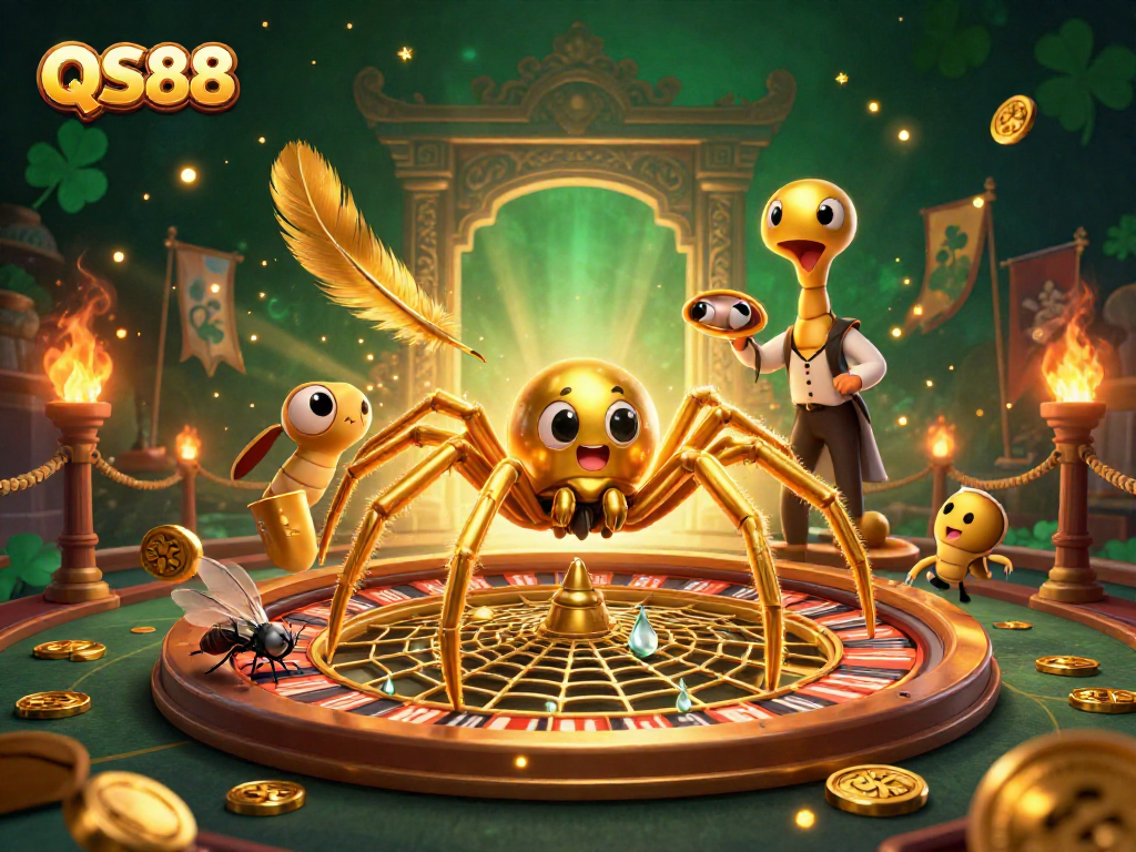 Watch the QS88 spider spinning a roulette wheel web as a fly nervously bets, showcasing exciting gambling action.