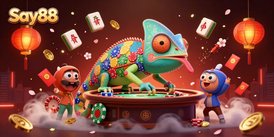 Experience thrilling gaming at Say88 with vibrant chameleon casino owner surrounded by a lively atmosphere.