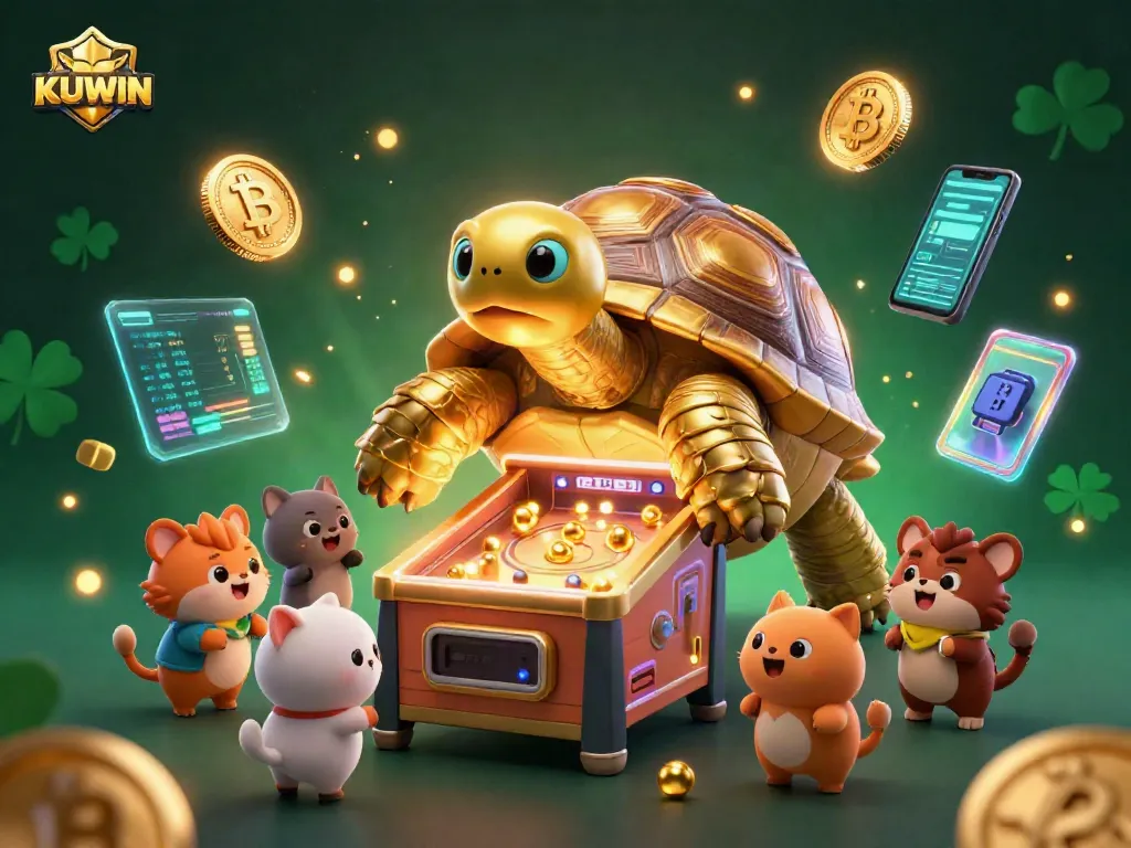 Engage with the thrilling KUWIN gaming experience featuring a colossal golden tortoise and vibrant crypto elements.
