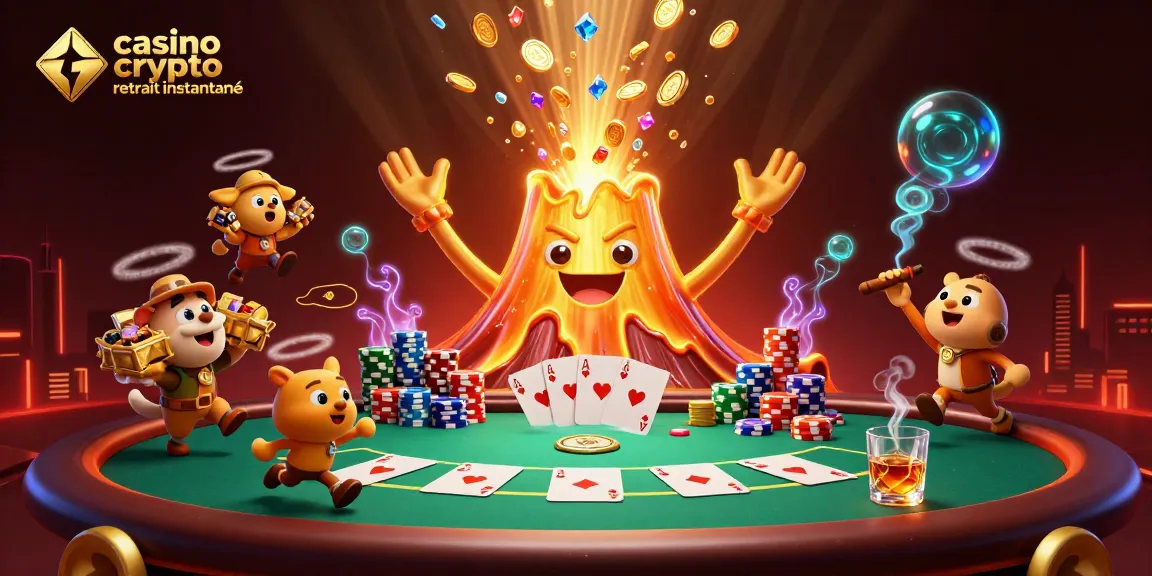 Les gains rapides dans un casino crypto retrait instantané illustrés par un volcan doré et des animaux explorateurs.