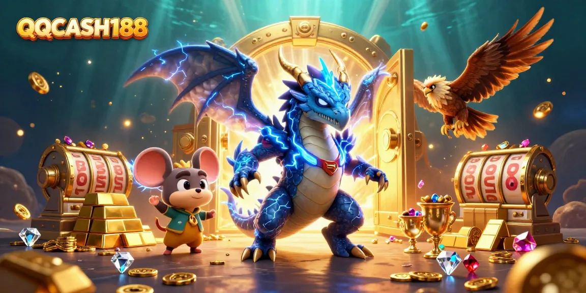 Experience big wins with QQCASH188's vibrant 3D illustration showcasing electrifying casino action.