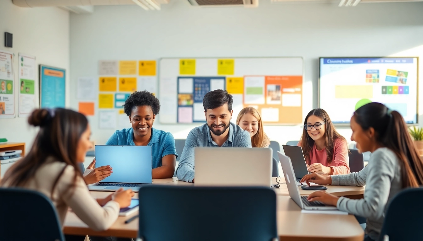 Writink tutoring session with enthusiastic interactions in a modern classroom.