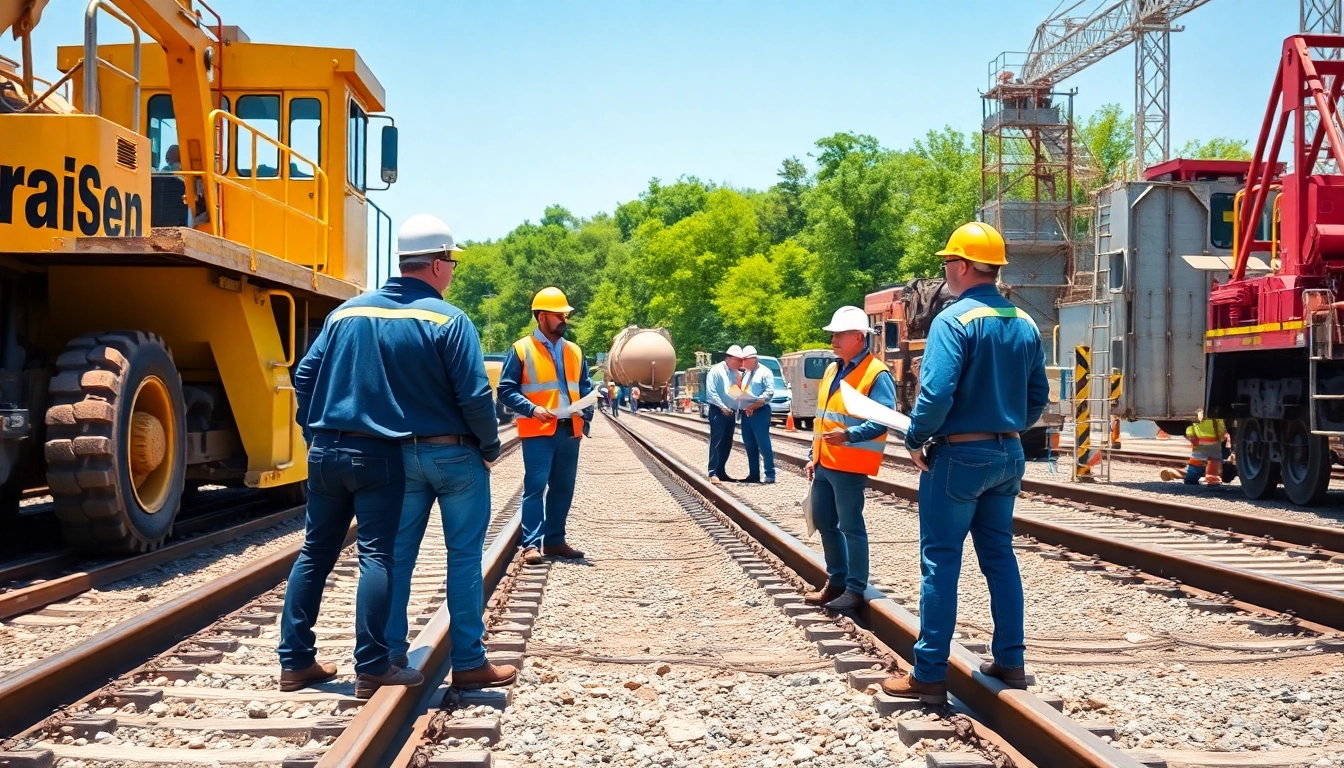 Railroad Contractors Near Me collaborating on a construction site with heavy machinery.