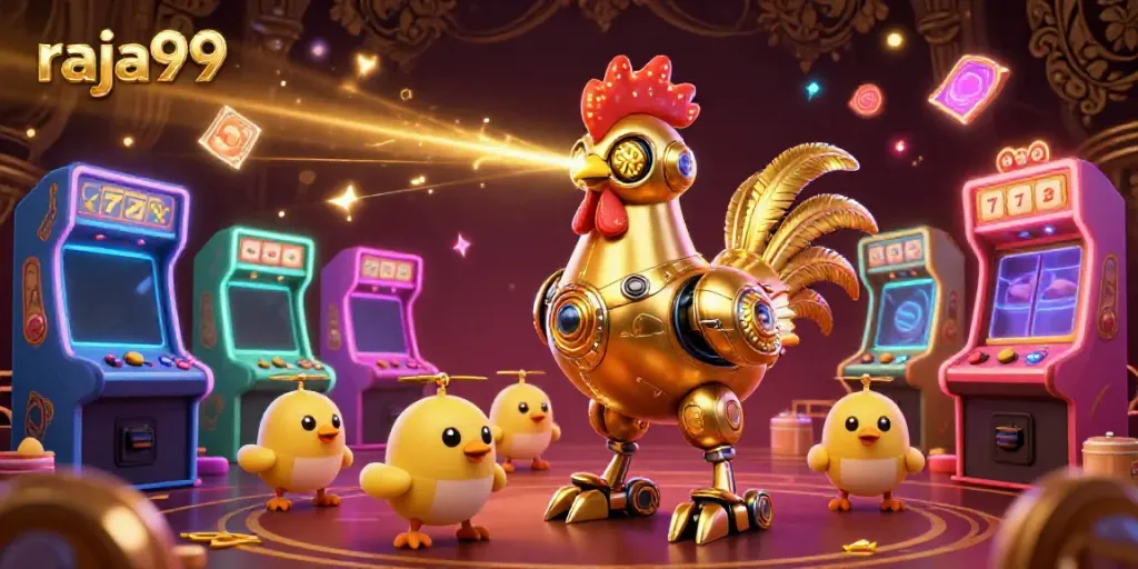 Engage with the vibrant raja99 casino scene featuring a golden rooster robot and arcade elements.