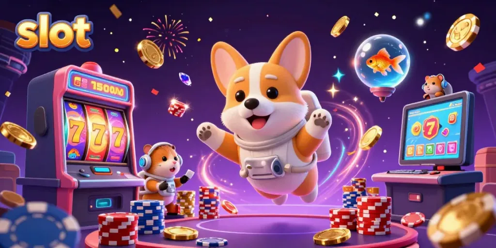 Experience thrilling slots with a 3D astronaut corgi in a festive casino atmosphere.