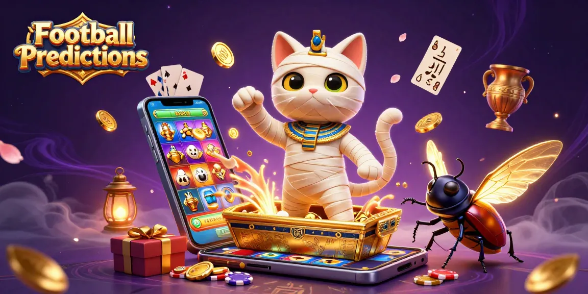 Engage with Football Predictions in a vibrant casino scene showcasing a mummy cat and golden elements.