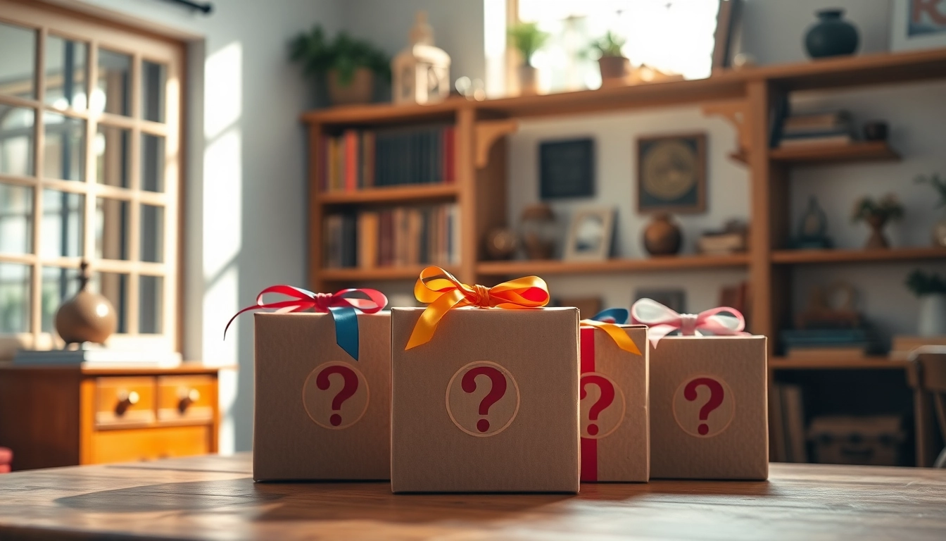 Mystery Boxen auf einem Tisch, umgeben von einer warmen, einladenden Atmosphäre.