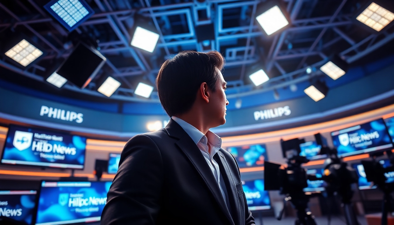 Engaging news reporter covering Philips News in a modern newsroom with innovative technology.