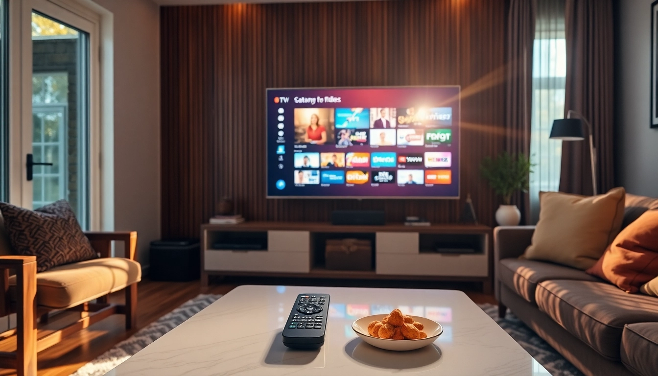 Experience free trial iptv with a modern living room setup showing vibrant streaming channels.