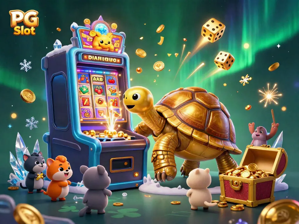 Experience PG Slot excitement with a golden tortoise pinball machine amidst a jackpot explosion.