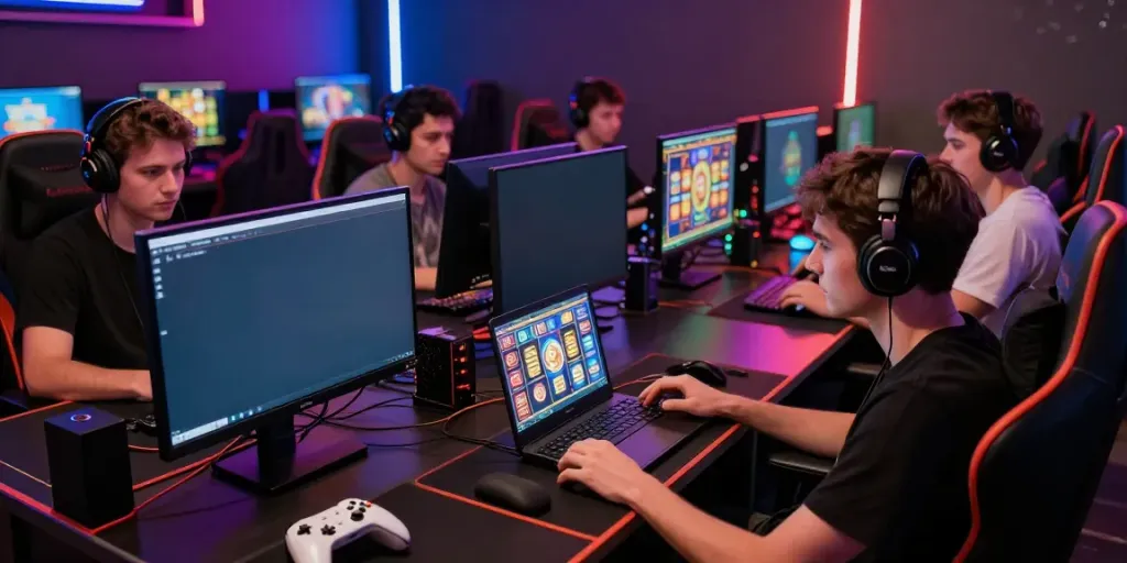 Players immersed in situs slot gacor gaming experience in a vibrant lounge setting.