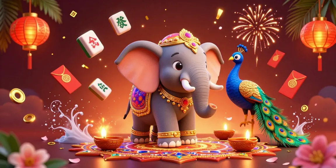 KICAU678 showcases the vibrant energy of gambling with a fusion of a Diwali-themed elephant and casino elements, reflecting excitement.