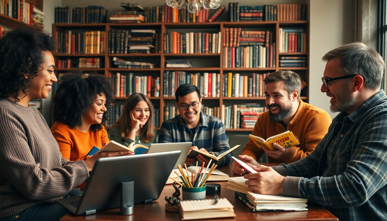 Engaged authors in a cozy café illustrating the vibrant author community.