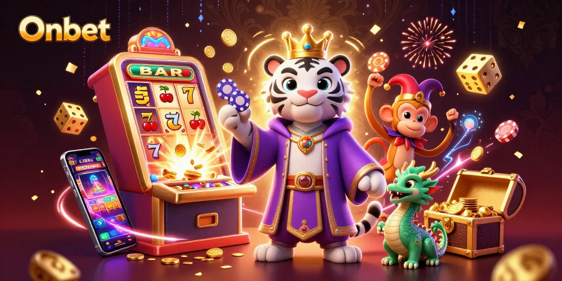 Onbet showcases a vibrant 3D cartoon scene with an elegant white tiger and playful monkey, emphasizing online casino excitement.