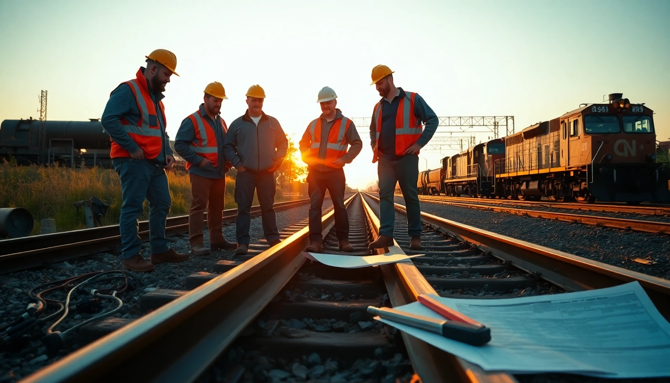 Railroad Contractors Near Me working together at sunset, inspecting tracks and discussing plans amidst industrial equipment.