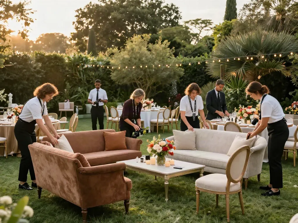 Stylish event furniture rental setup in an elegant garden for a wedding, showcasing diverse planners arranging chic lounge furniture.