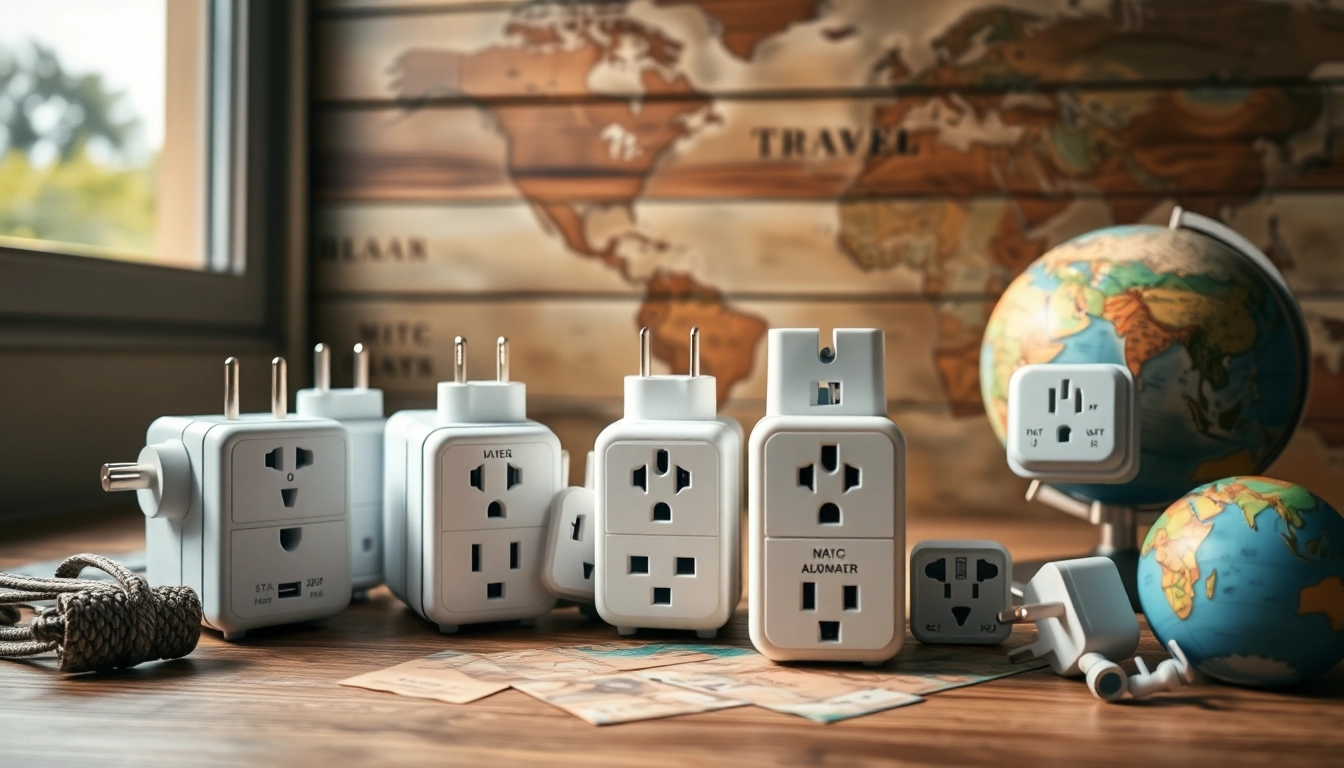 Vergelijk reisstekker.nl met diverse reisadapters en pluggen in sfeervolle setting.